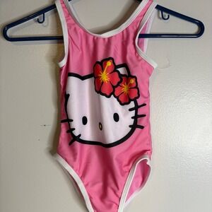 Hello Kitty Sanrio Girls m 7/8 Pink One Piece Swimsuit‎ Hibiscus UPF 50+NEW